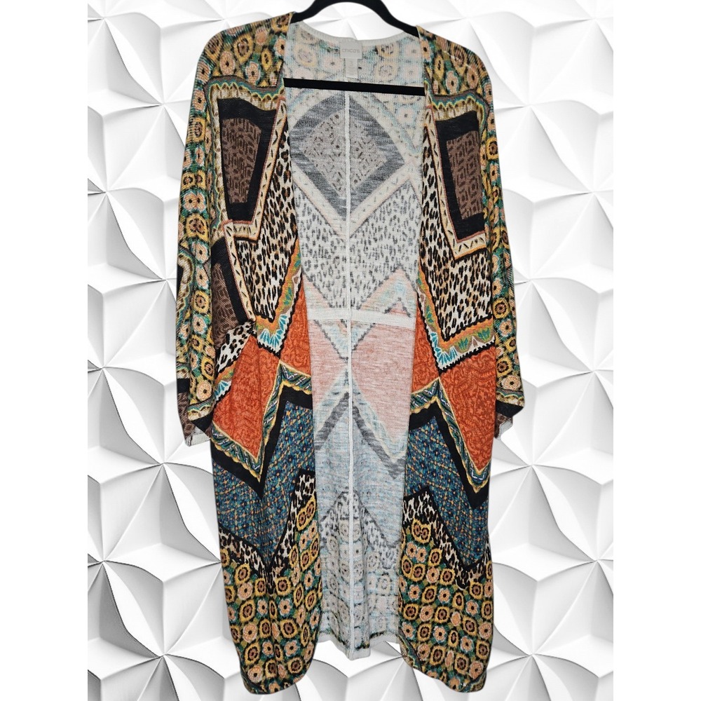 Chicos Mixed Geometric Animal Print Open Front Duster Cardigan Size 3 - XL